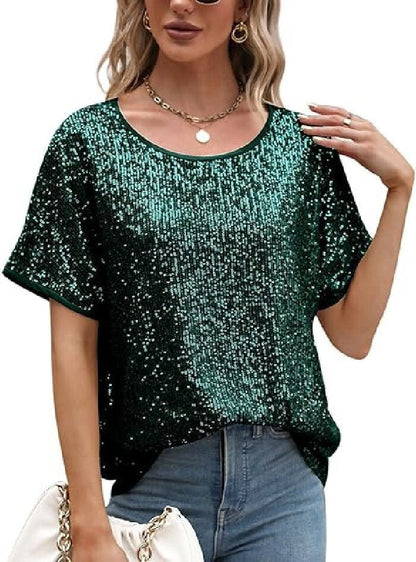 Loose Sequin Deep V-Neck Short Sleeve Top