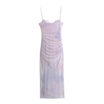 Elegant Mesh Ruched Spaghetti Strap Maxi Dress