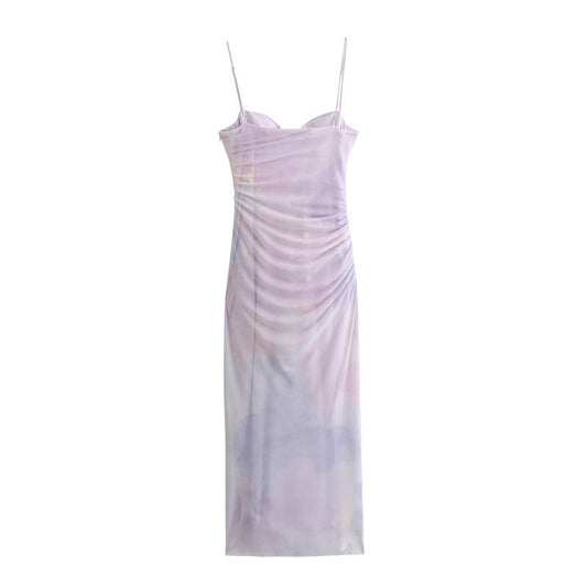 Elegant Mesh Ruched Spaghetti Strap Maxi Dress