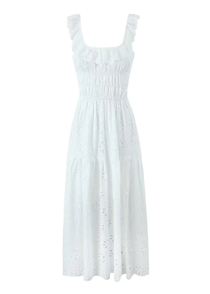 Embroidered Cotton Maxi Dress With Ruffle Straps