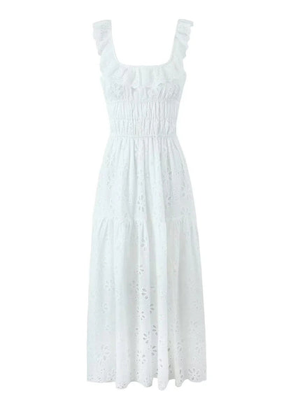 Embroidered Cotton Maxi Dress With Ruffle Straps