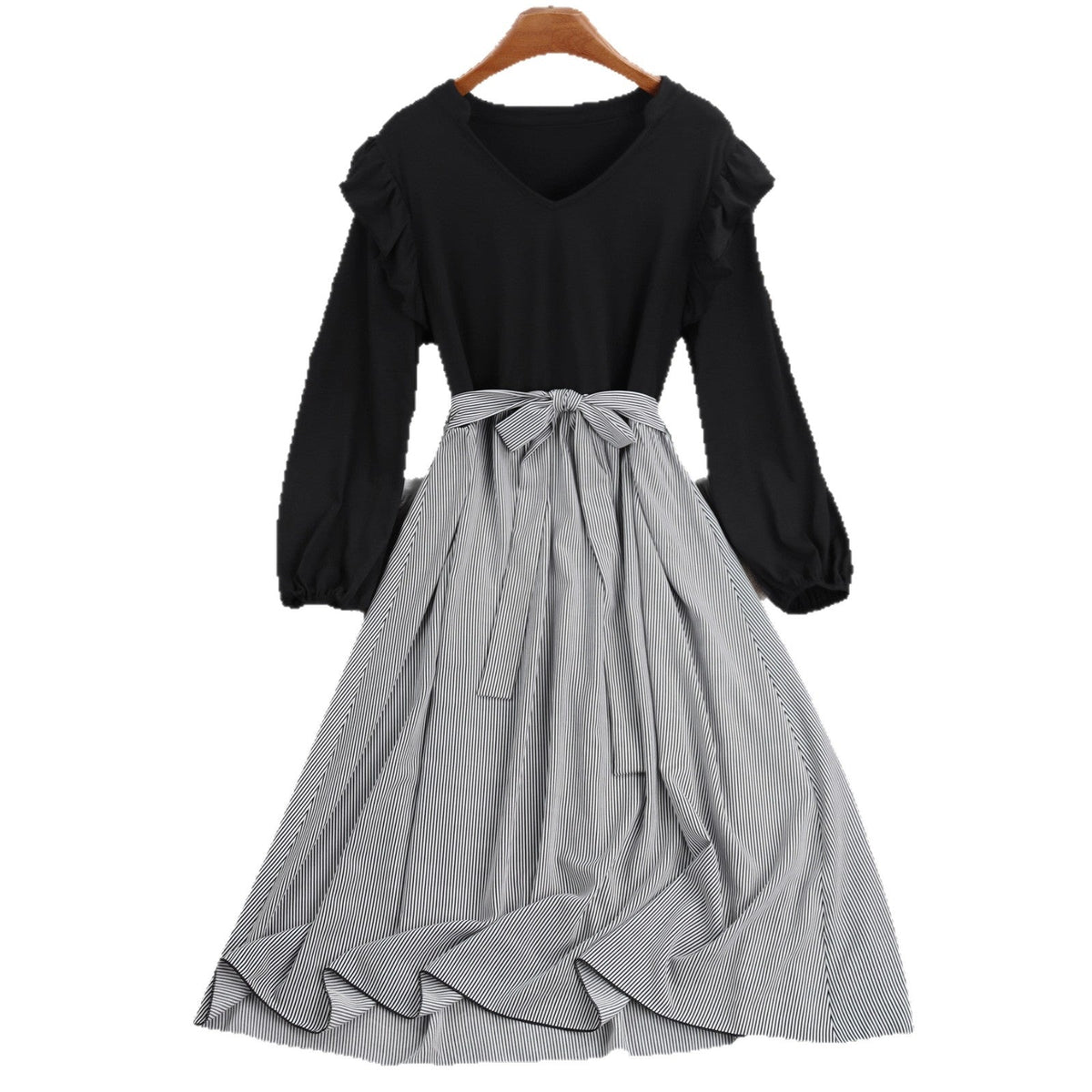Striped A-Line Dress With Long Sleeves And Tie Waist