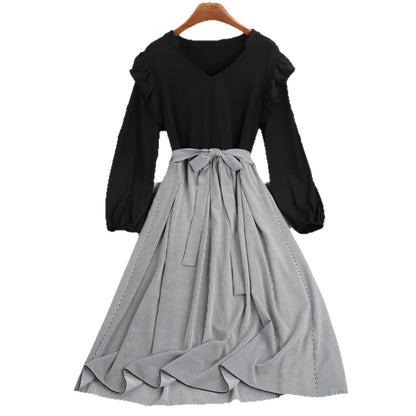 Striped A-Line Dress With Long Sleeves And Tie Waist
