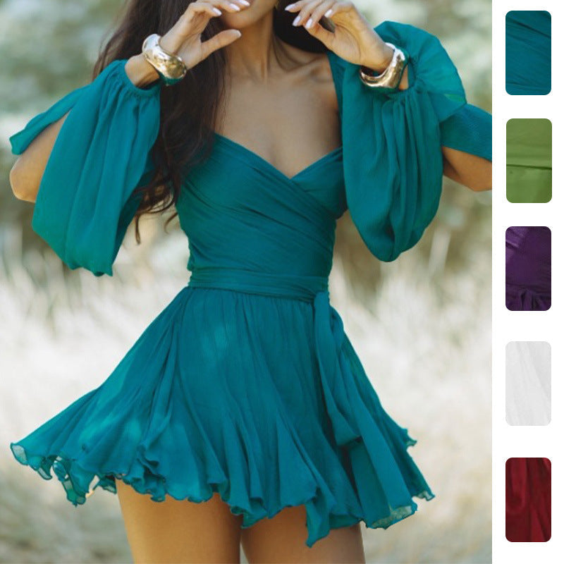Elegant V-Neck Pleated Dress Casual Polyester Dress