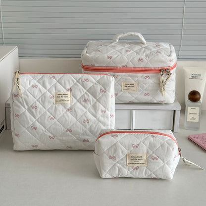 Bow Flower Large Capacity Makeup Bag Vintage Quilted Toiletry Pouch