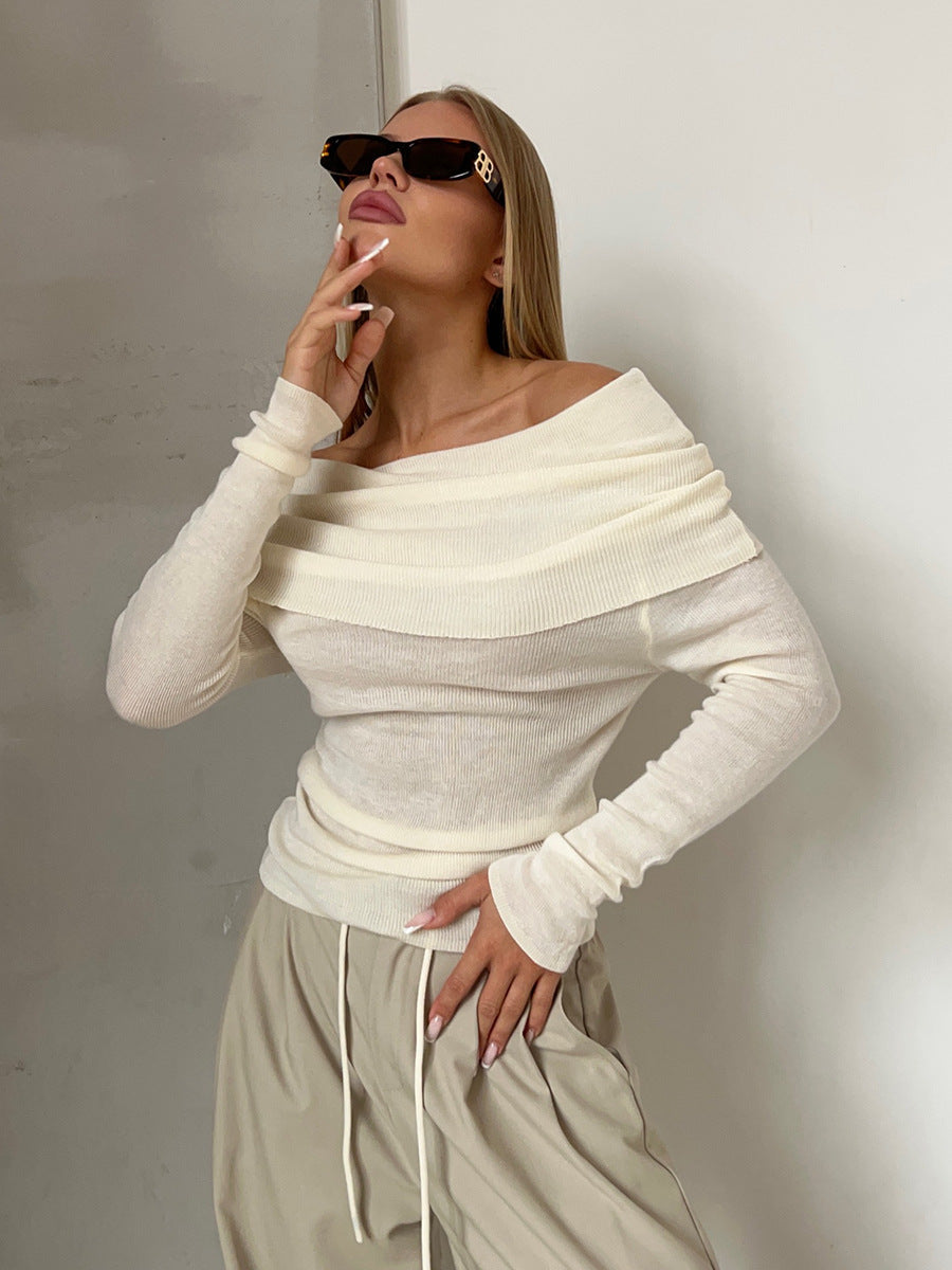 Off-Shoulder Knitted Top Slim Fit Solid Color Long Sleeve Pullover