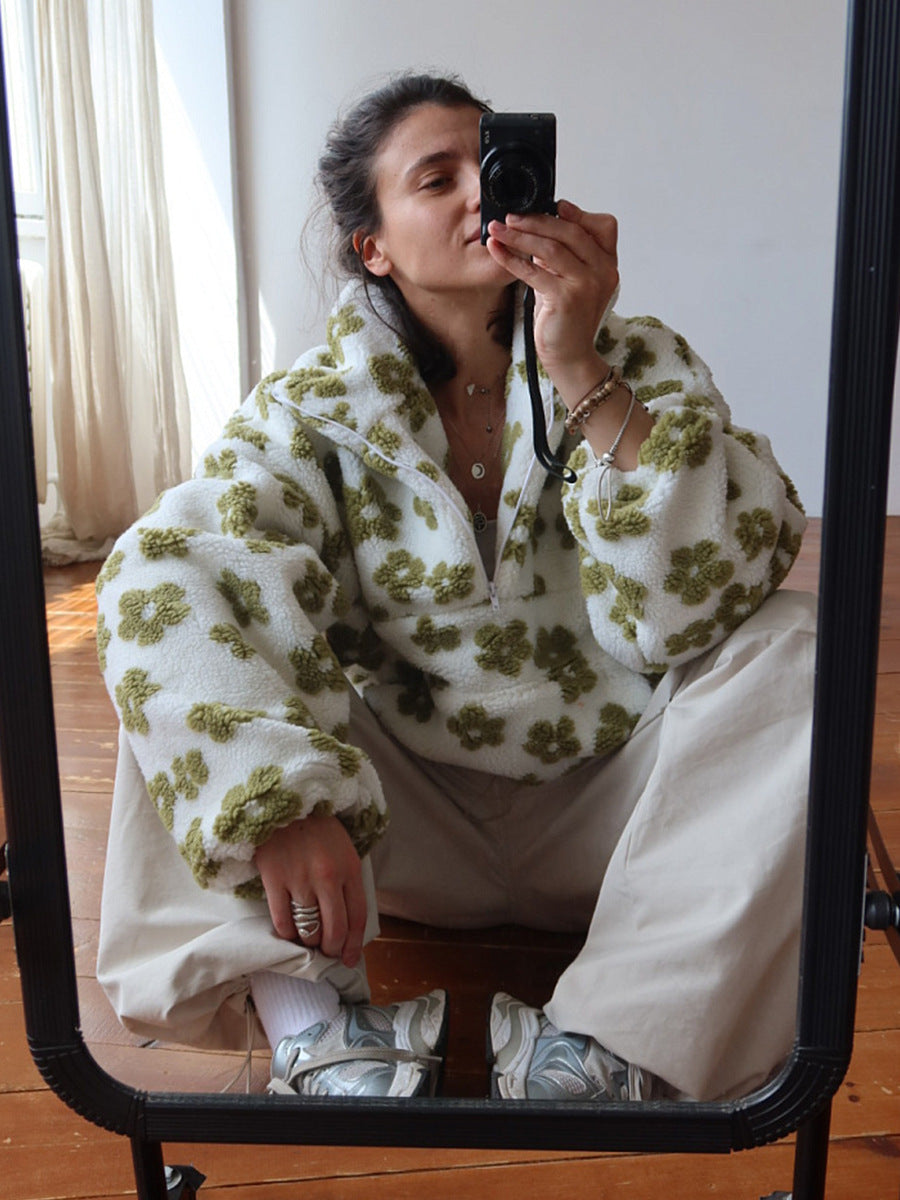 Floral Pattern Fleece Hoodie Casual Warm Sweatshirt