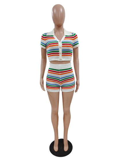 Color Block Top Short Knit Set