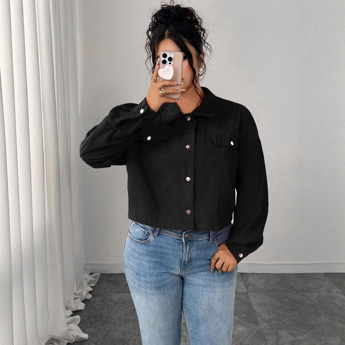 Casual Corduroy Jacket With Polo Collar And Lantern Sleeves
