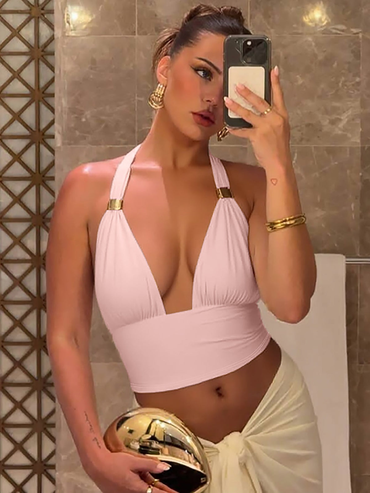 Sleeveless Deep V Neck Backless Bodysuit with Metal Detailing