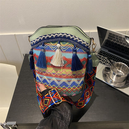 Trendy Woven Bucket Bag for Women with Fringe