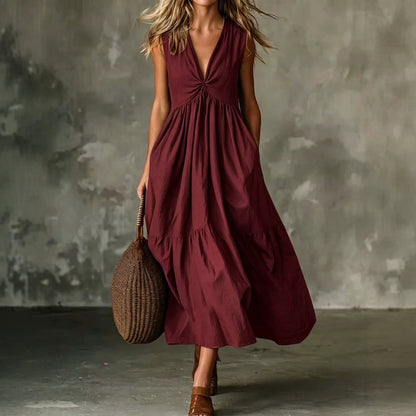 Twist Front V-Neck Sleeveless Pocket Textured Flowy Maxi Dress