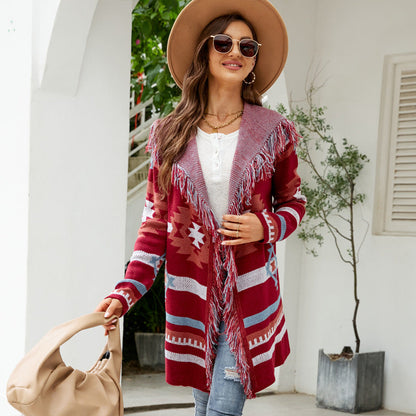 Autumn And Winter Loose Hooded Long Sweater Coat Tassel Geometric Jacquard Sweater Cardigan