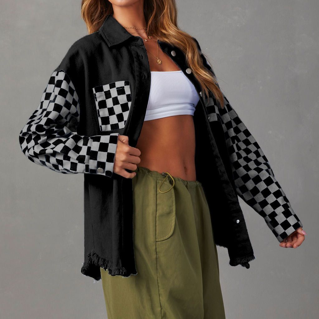 Casual Loose Plaid Denim Jacket for Women