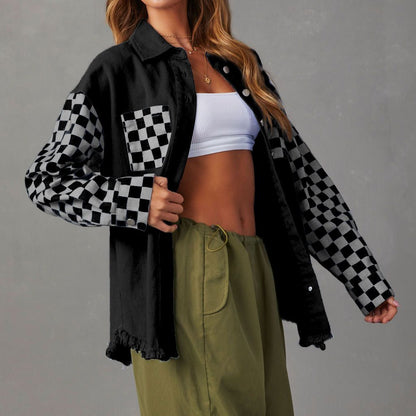 Casual Loose Plaid Denim Jacket for Women