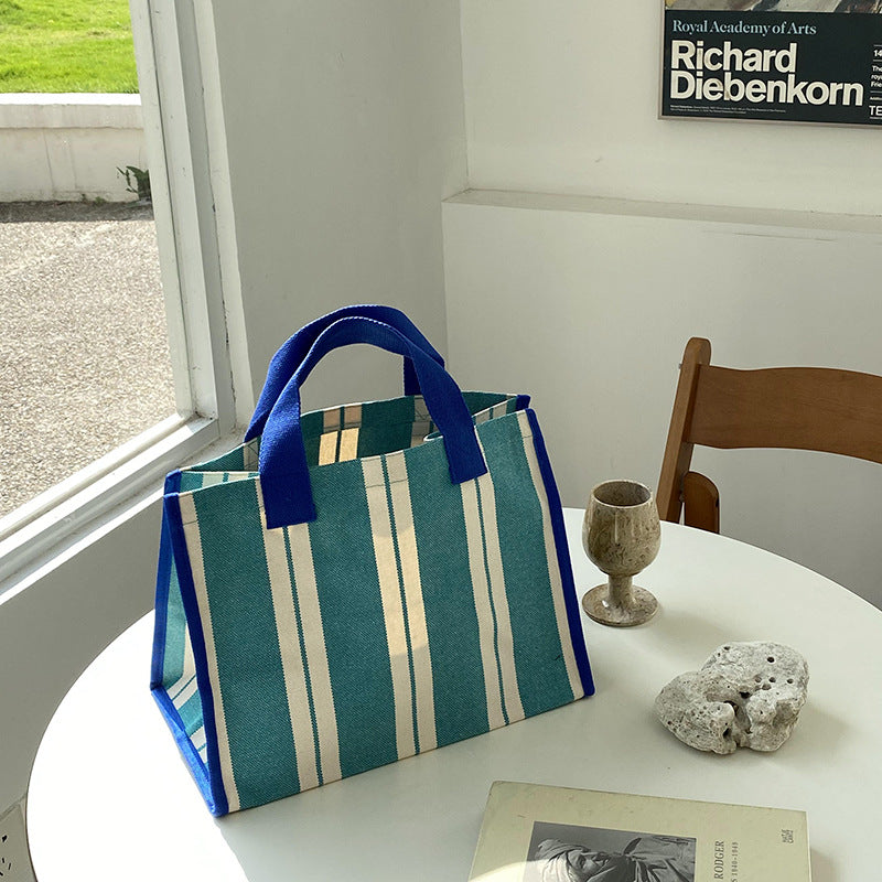 Large Capacity Striped Tote Bag Casual Versatile Canvas Shopping Bag