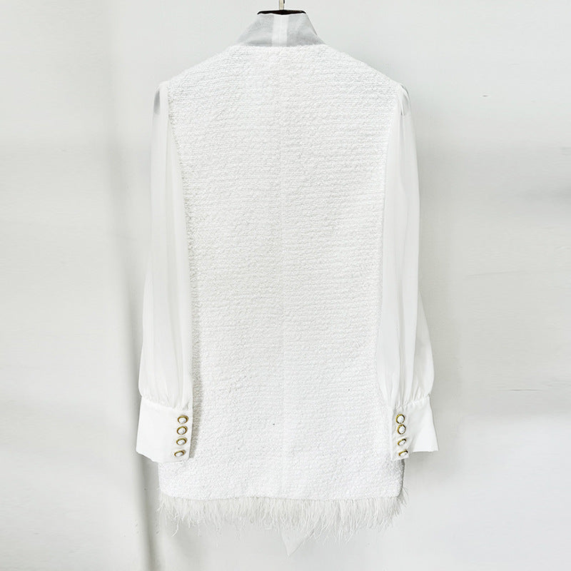 Chic Feather Hem Chiffon Dress With Boucle Paneling