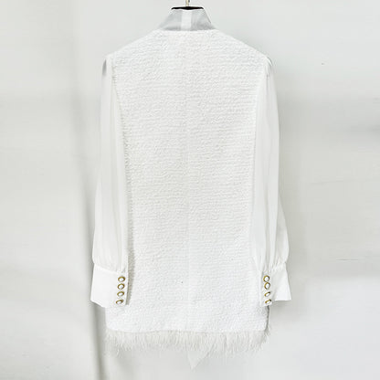 Chic Feather Hem Chiffon Dress With Boucle Paneling