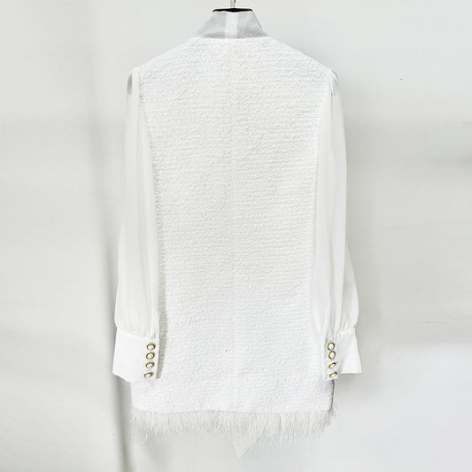 Chic Feather Hem Chiffon Dress With Boucle Paneling
