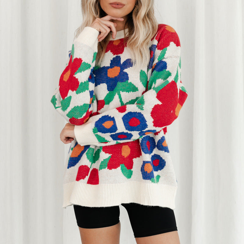Autumn And Winter New Large Flower Embroidery Round Neck Loose Long-Sleeved Knitted Sweater Pullover Women'S
