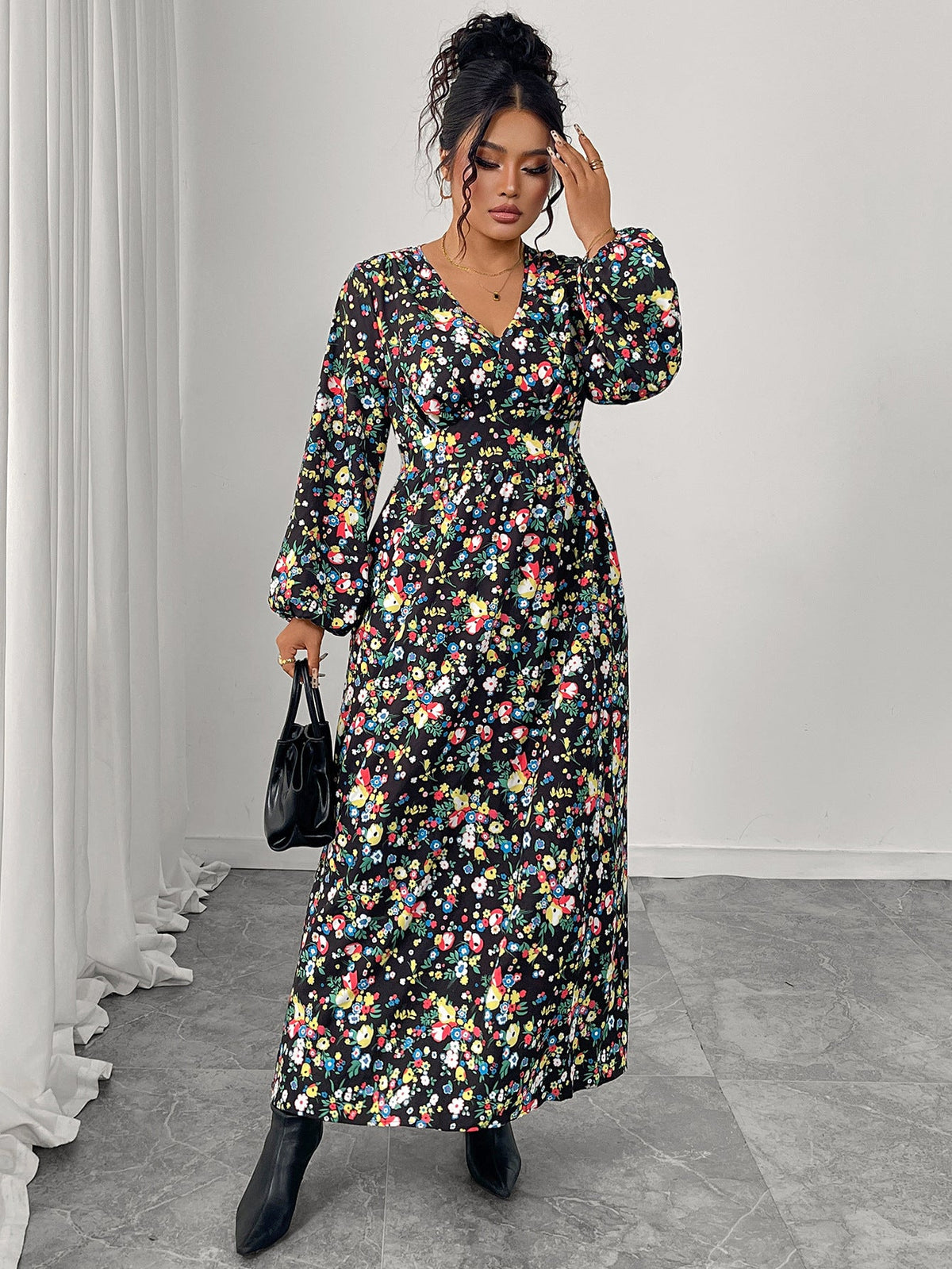 Printed V-Neck High-Waist Loose Maxi Dress