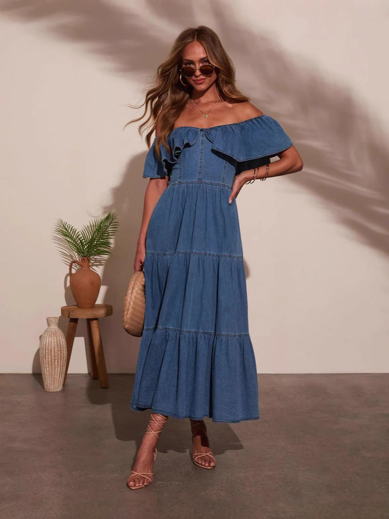 Casual Flounce Sleeve Denim Dress