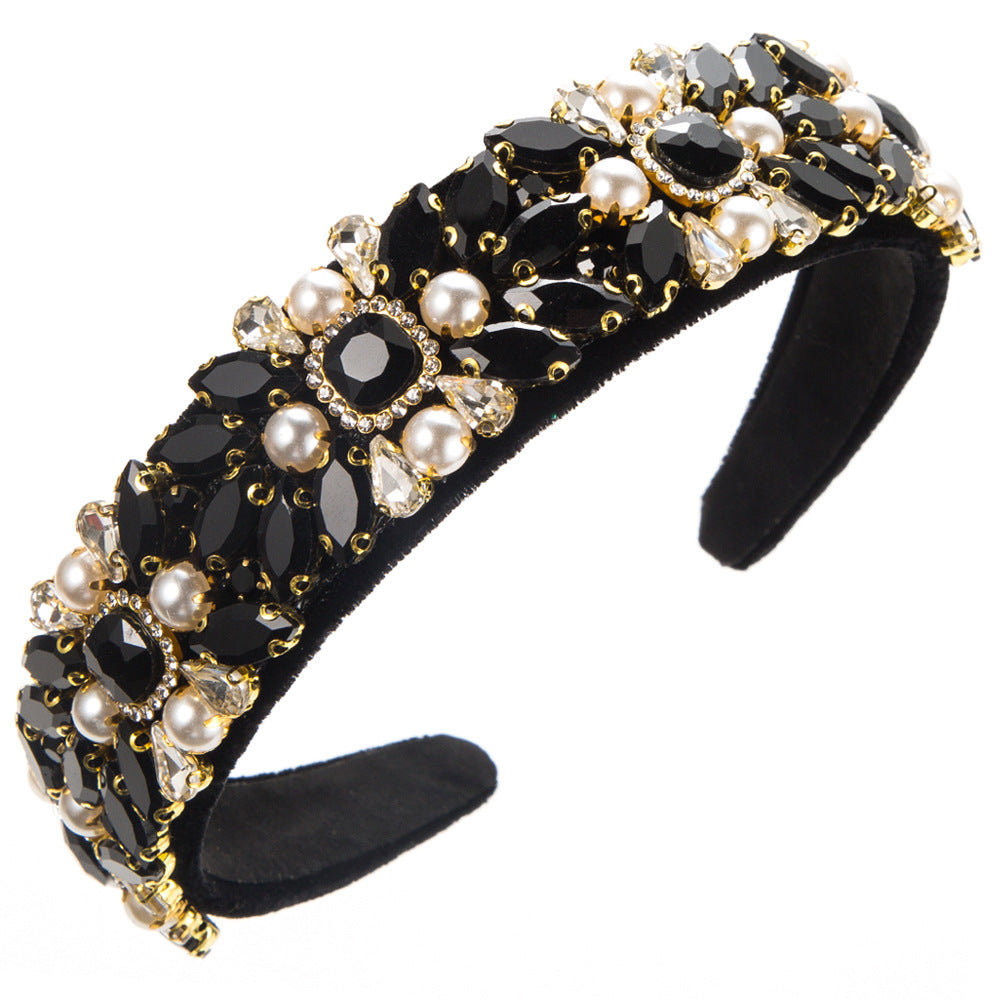 Baroque Velvet Wide Headband With Pearls and Rhinestones