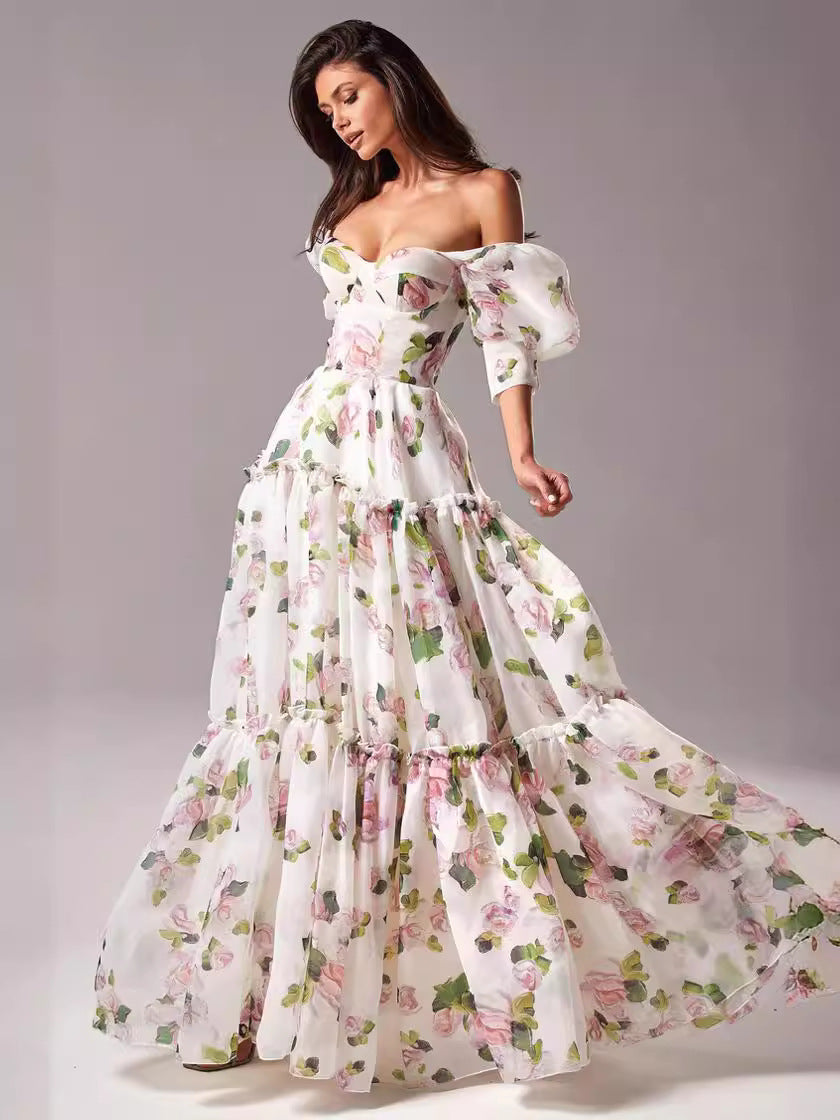 Off-Shoulder Chiffon Evening Gown with 3D Floral Design