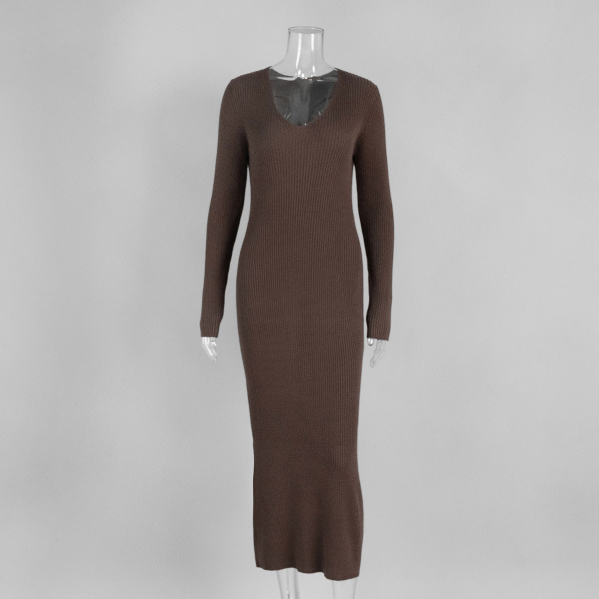 Solid Color Long Sleeve Bodycon Dress V-Neck Elegant Knit Dress