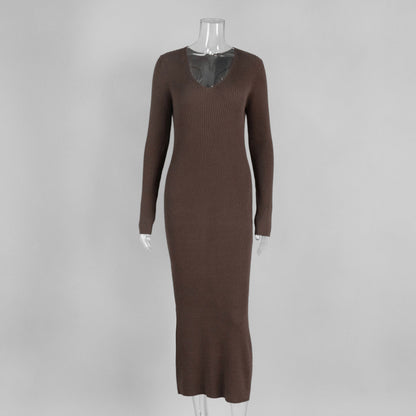 Solid Color Long Sleeve Bodycon Dress V-Neck Elegant Knit Dress