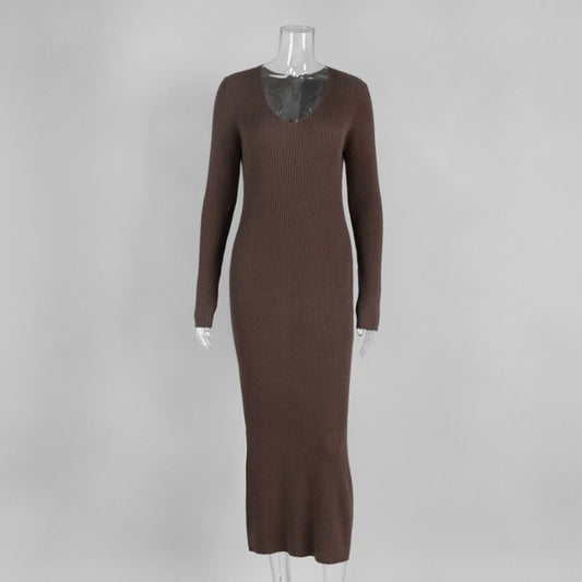 Solid Color Long Sleeve Bodycon Dress V-Neck Elegant Knit Dress