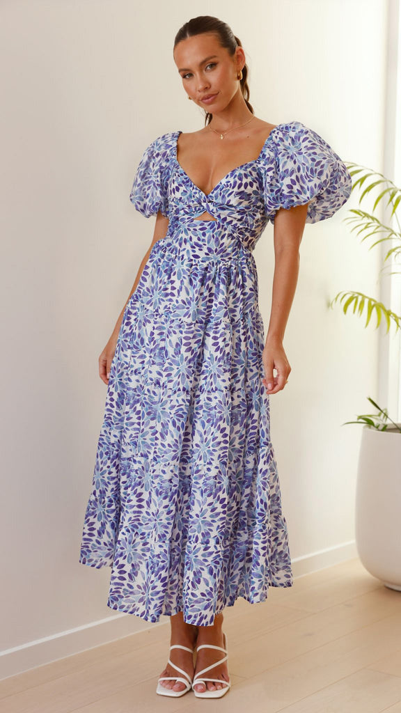 Floral Backless Puffy Sleeves Long Dress