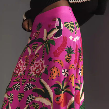 Retro Tropical Plant Print A-Line Skirt for Women
