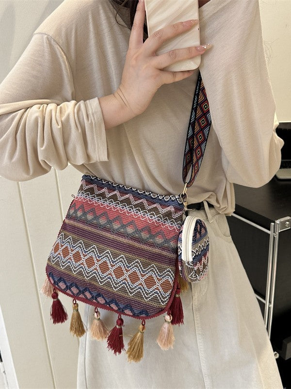 Ethnic Style Large Capacity Shoulder Bag Trendy Fringe Crossbody Bag