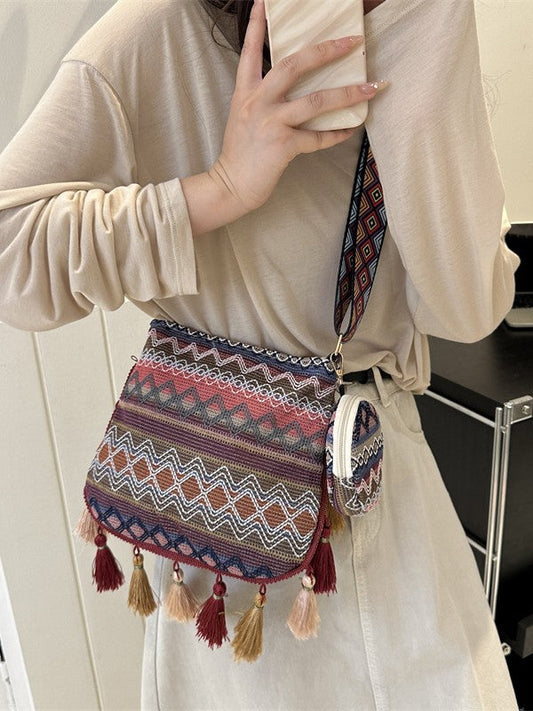 Ethnic Style Large Capacity Shoulder Bag Trendy Fringe Crossbody Bag