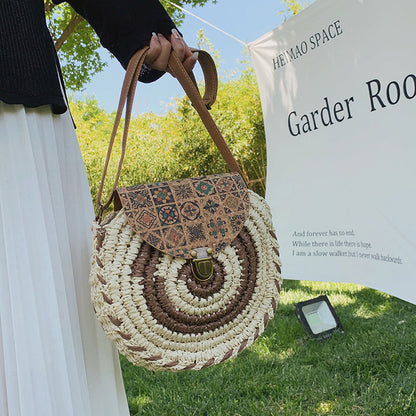 Summer Ethnic Style Woven Literature And Art Sen Series Bag For Women'S Crossbody, Minority Grass Woven Large Capacity Round Cake Bag