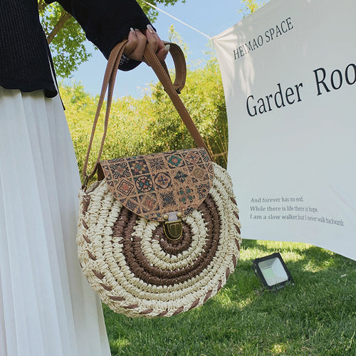 Summer Ethnic Style Woven Literature And Art Sen Series Bag For Women'S Crossbody, Minority Grass Woven Large Capacity Round Cake Bag