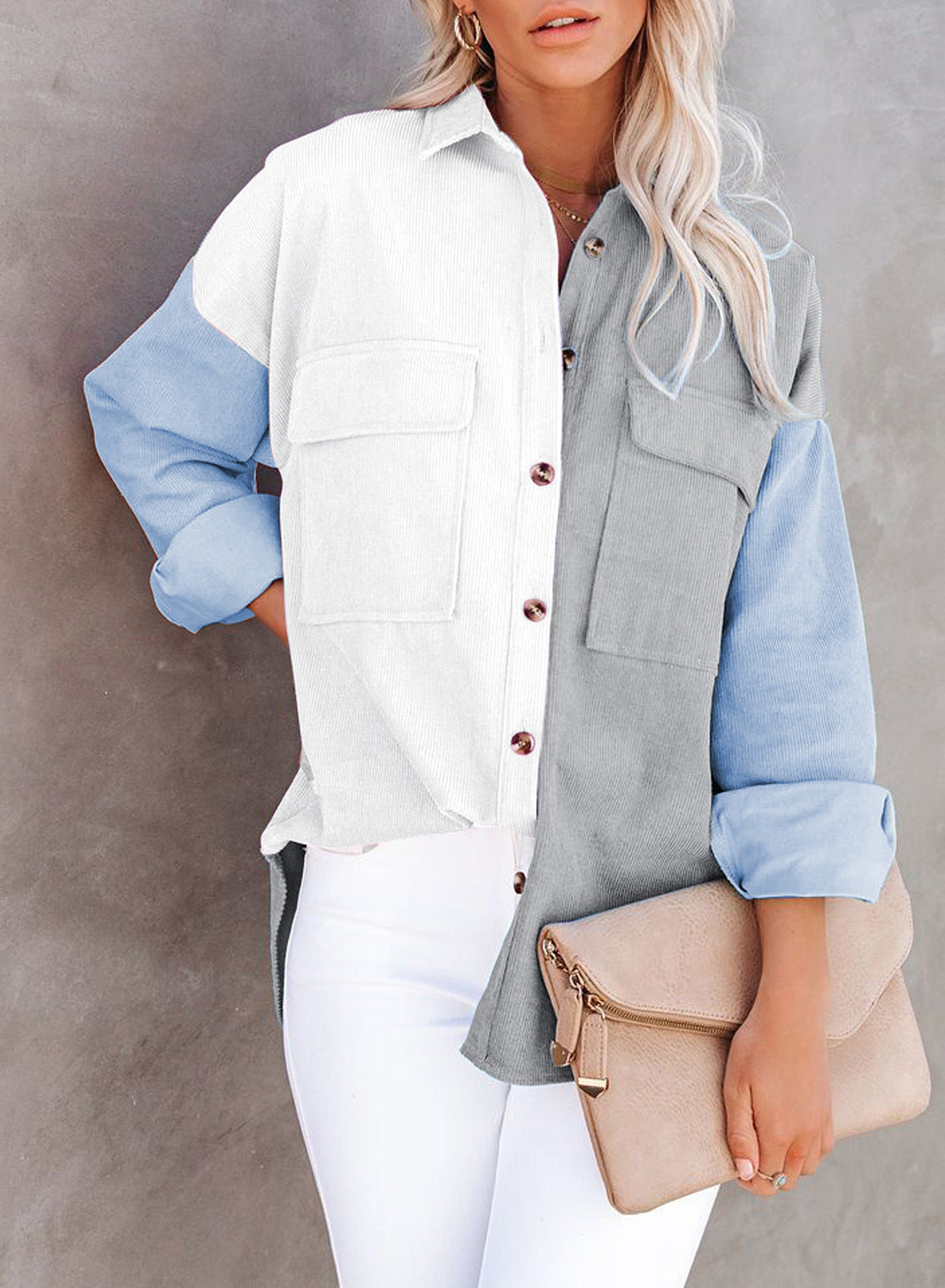 Contrast Corduroy-Breasted Loose Button Shirt