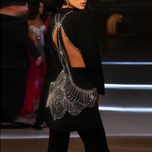 Hollow Rhinestone Blazer and Long Pants Set
