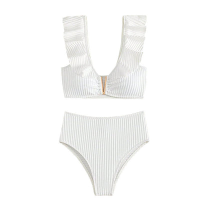 Flounce V-Neck Solid Color Sexy Swimwear