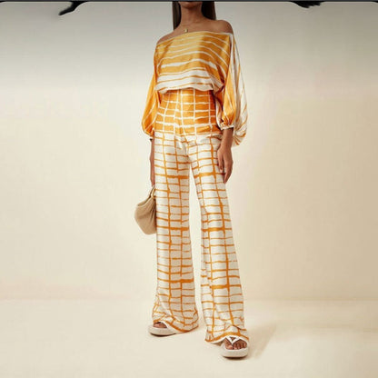 2025 Spring New Suit Printed Round Neck Loose Bat Sleeve Waist Wide Leg Pants Fashion Suit
