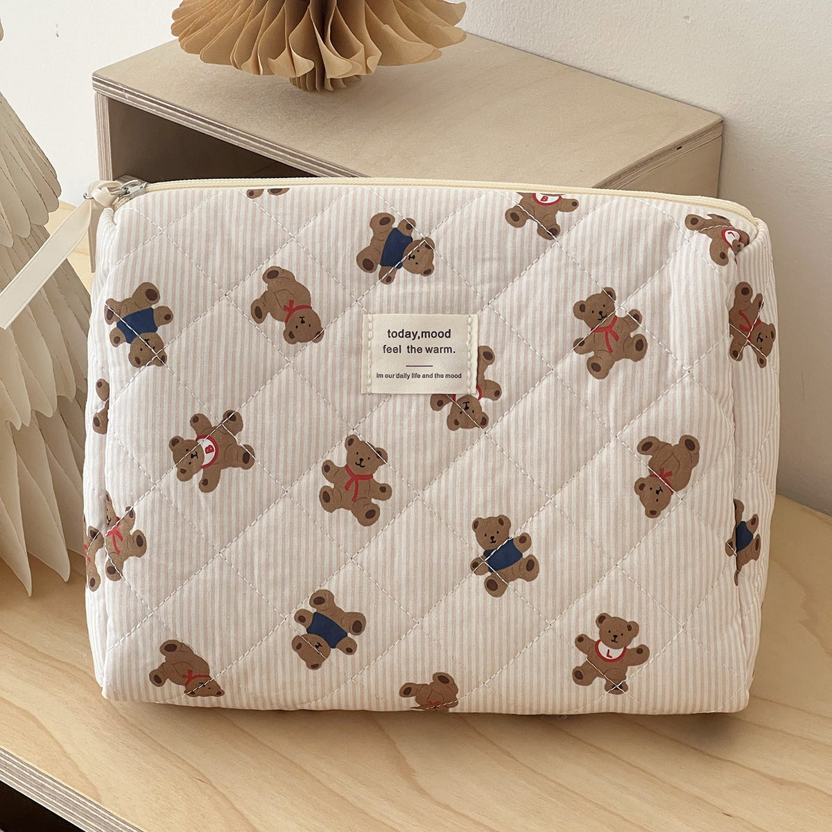Cute Pink Striped Bear Makeup Bag Portable Cartoon Toiletry Pouch