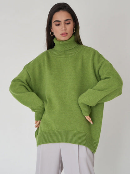 High Neck Knitted Sweater for Women Classic Solid Color Casual Pullover