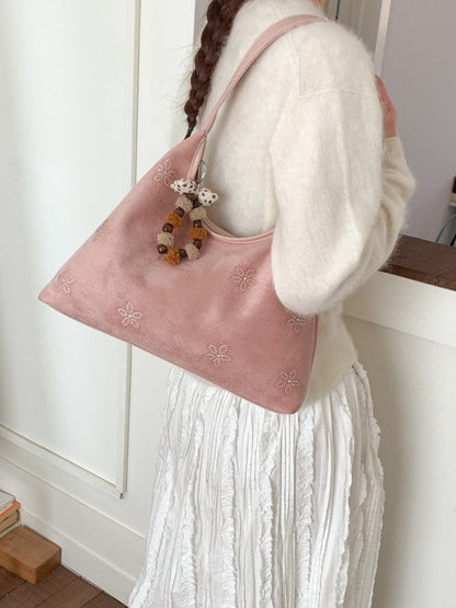 Floral Rhinestone Shoulder Bag Trendy Casual PU Handbag