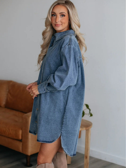Button Design Slimming Long Sleeve Denim Dress