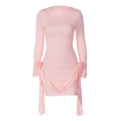 Plain Long Sleeve Bodycon Dress with Floral Details