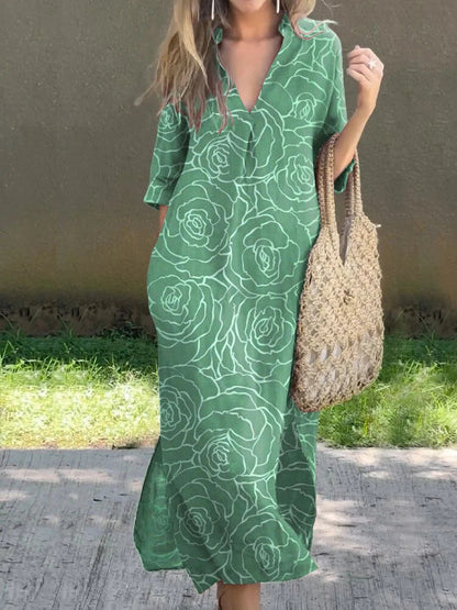 New Casual Summer Loose Skirt Slit V-Neck Print Imitation Hemp Dress Cotton