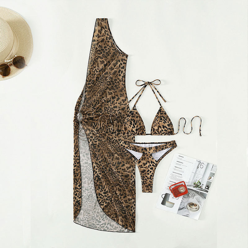 3PCS Sexy Print Halter Mesh Bikini Swimwear