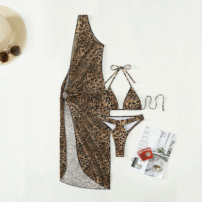 3PCS Sexy Print Halter Mesh Bikini Swimwear