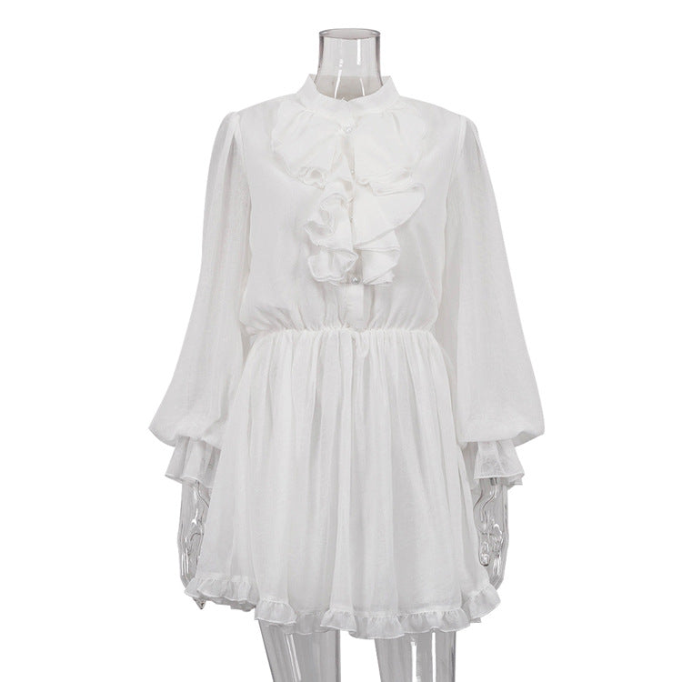 Elegant Ruffled Collar Long Sleeve Mini Dress